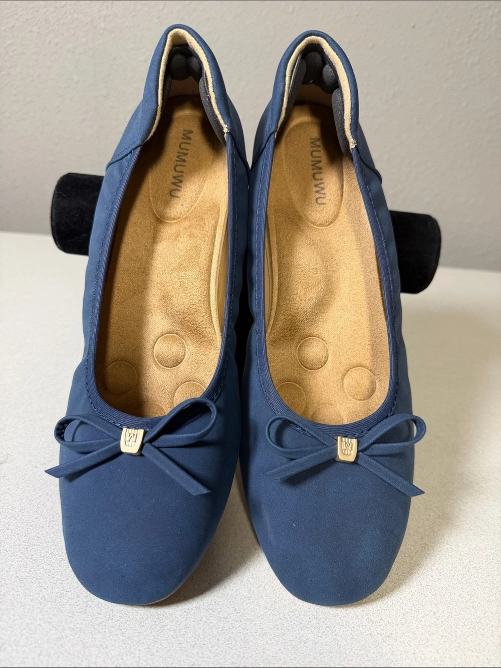Sam & Libby Navy Bow Flats with Gold Emblem